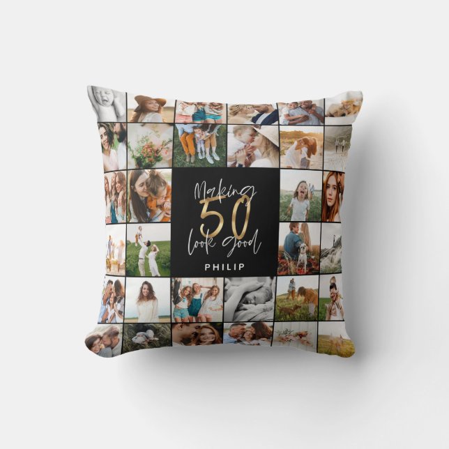 Coussin Cadeau moderne 50e anniversaire multi-photo script (Recto)