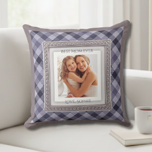 Coussin Cadeau photo élégant à carreaux violets pour maman