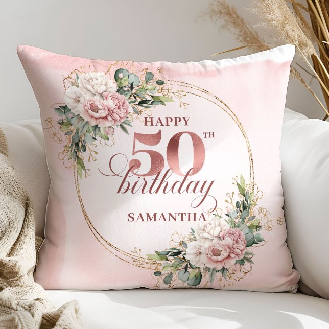 Coussin Cadeau Rose Gold Soft Blush 50e Anniversai (Soft Blush Rose Gold 50th Birthday Pillow Gift)