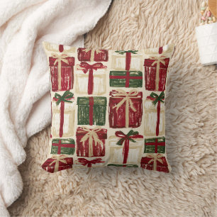 Coussin Cadeaux Crème Rouge Vert avec Rubans