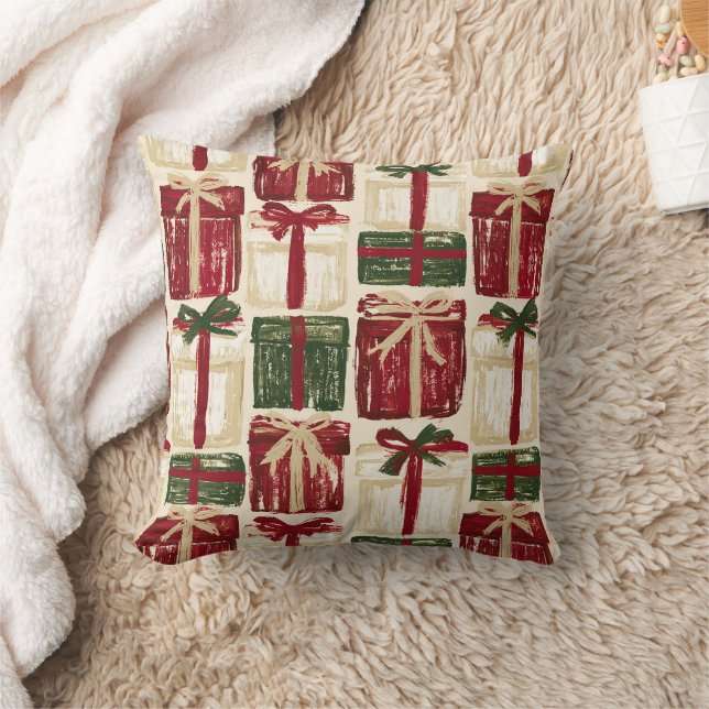 Coussin Cadeaux Crème Rouge Vert avec Rubans (Couverture)