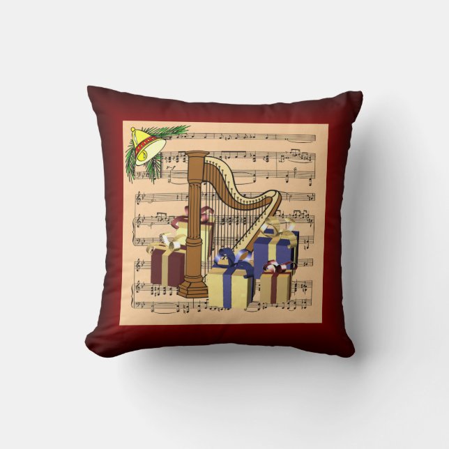 Coussin Cadeaux de harpe et de Noël ~ Arrière - plan de mu (Recto)