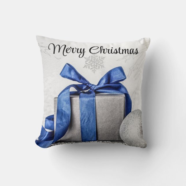 Coussin Cadeaux de Noël bleu et argent (Recto)