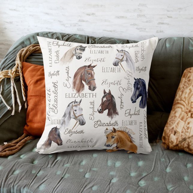 Coussin Cadeaux équestres pour filles nom personnalisé (Horse equestrian gifts for girls personalized name throw pillow beautiful horse portraits with name)