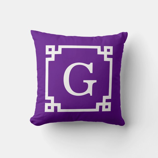 Coussin Cadre à clé grecque blanc violet #2 Monogramme ini (Recto)