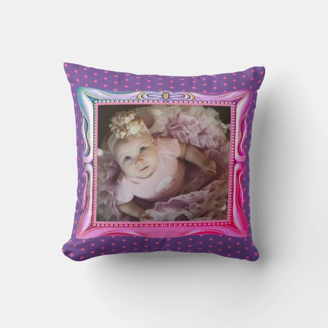 Coussin Cadre Bleu et Rose Points Roses Violets Photo de B (Recto)