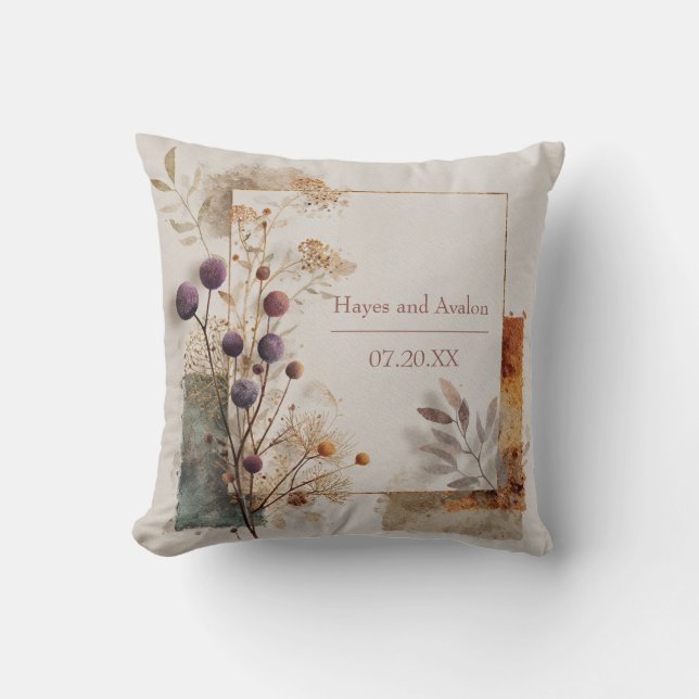 Coussin Cadre botanique en or Gousse violette Aquarelle (Recto)