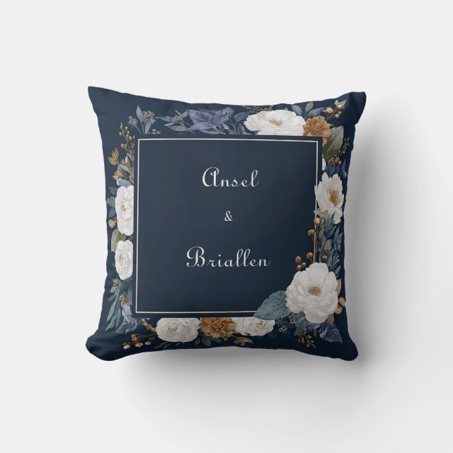 Coussin Cadre carré floral paonée bleu marine blanc or (Recto)