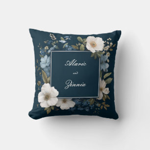 Coussin Cadre Carré Moderne Fleurs Blanches Bleu Marine