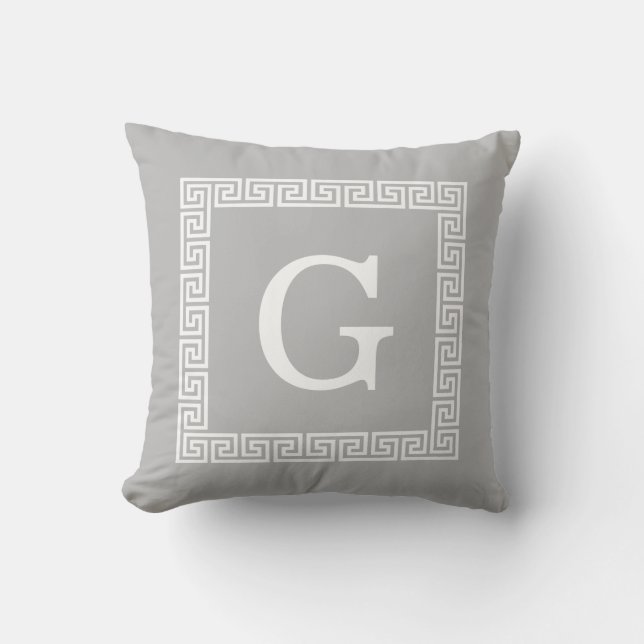 Coussin Cadre Clé Grecque Gris Blanc #1 Monogramme Initial (Recto)