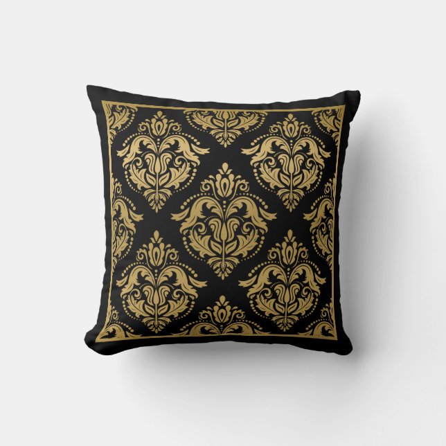 Coussin Cadre Damas Géométrique Or Sur Noir (Recto)