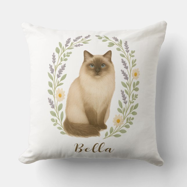 Coussin Cadre de chat Ragdoll floral avec nom personnalisé (Recto)