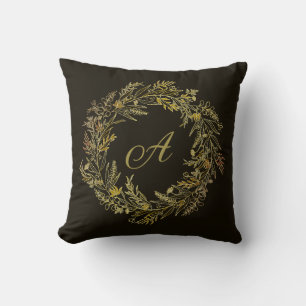 Coussin Cadre de feuille d'automne doré Monogramme botaniq