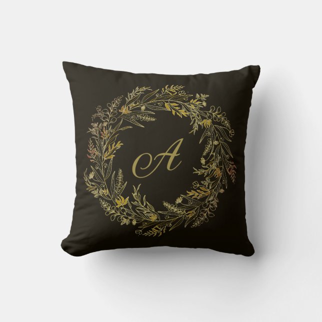 Coussin Cadre de feuille d'automne doré Monogramme botaniq (Recto)