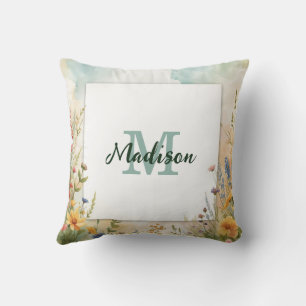 Coussin Cadre de monogramme de fleur sauvage de fleur de p