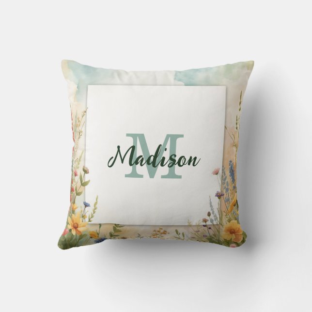 Coussin Cadre de monogramme de fleur sauvage de fleur de p (Verso)