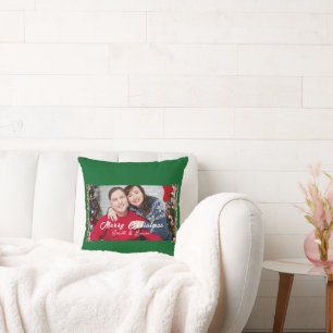 Coussin Cadre de Noël vert Couple Nom photo