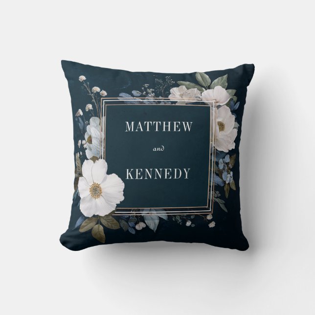 Coussin Cadre doré avec fleurs blanches sur fond bleu indi (Recto)