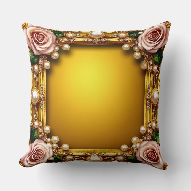 Coussin Cadre doré avec roses élégantes et perles (Recto)
