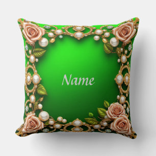 Coussin Cadre doré avec roses élégantes et perles