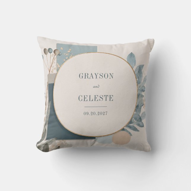 Coussin Cadre Doré Circulaire Abstrait Botanique Bleu Pous (Recto)