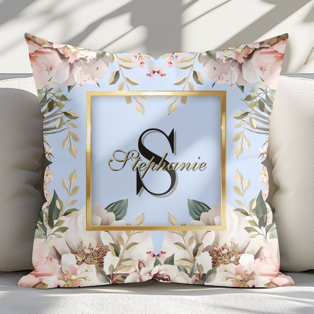 Coussin Cadre doré floral élégant Monogramme bleu clair (Créateur téléchargé)