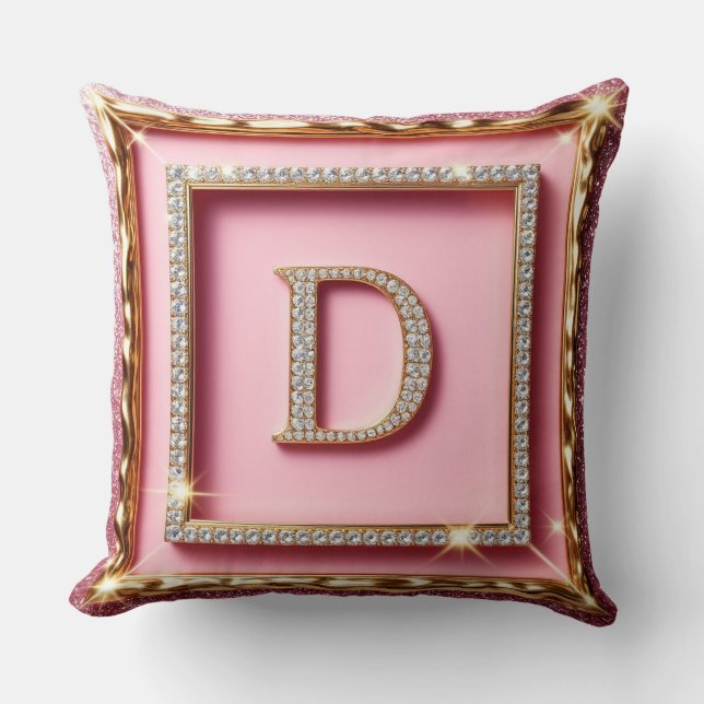 Coussin Cadre Doré Monogramme Diamant D Paillettes Roses (Recto)