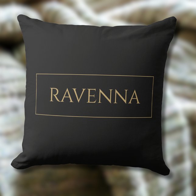 Coussin Cadre doré Nom personnalisé Luxe Noir Profond (Créateur téléchargé)