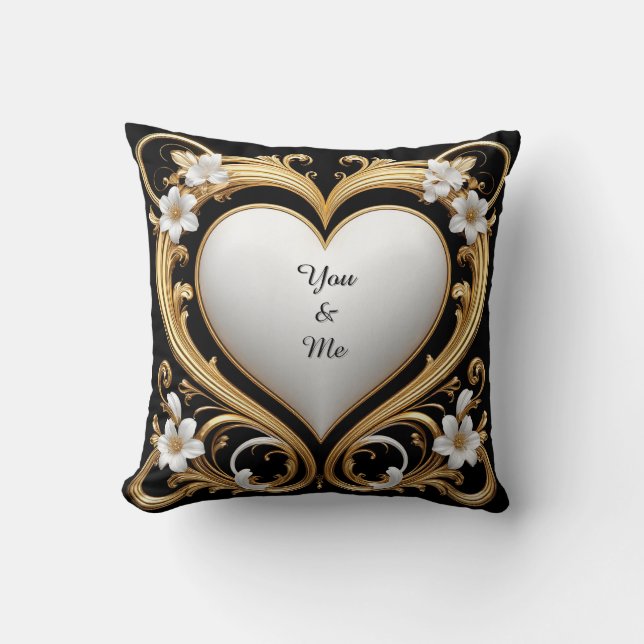 Coussin Cadre élégant à coeur doré avec fleurs blanches (Recto)