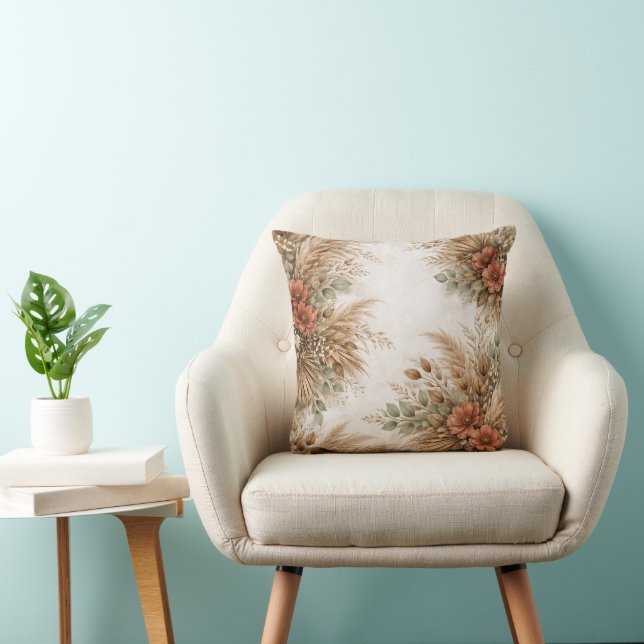 Coussin Cadre floral de Pampas Boho en terre cuite (Chaise)