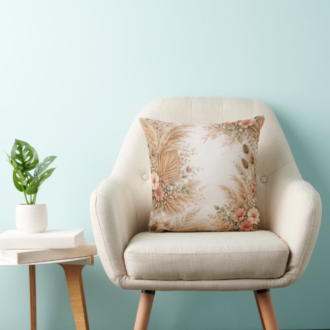 Coussin Cadre floral de pampas boho rose pêche (Chaise)