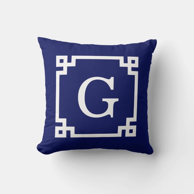 Coussin Cadre Navy White Greek Key #2 Monogramme Initial (Recto)