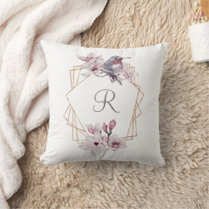 Coussin Cadre Or Monogramme Rose Magnolias Blanches Oiseau