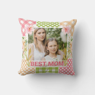 Coussin Cadre photo fleuri et à carreaux pour la fête des