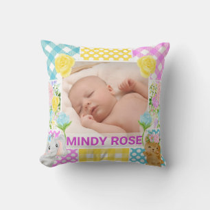 Coussin Cadre photo floral et à carreaux nouveau-né bébé