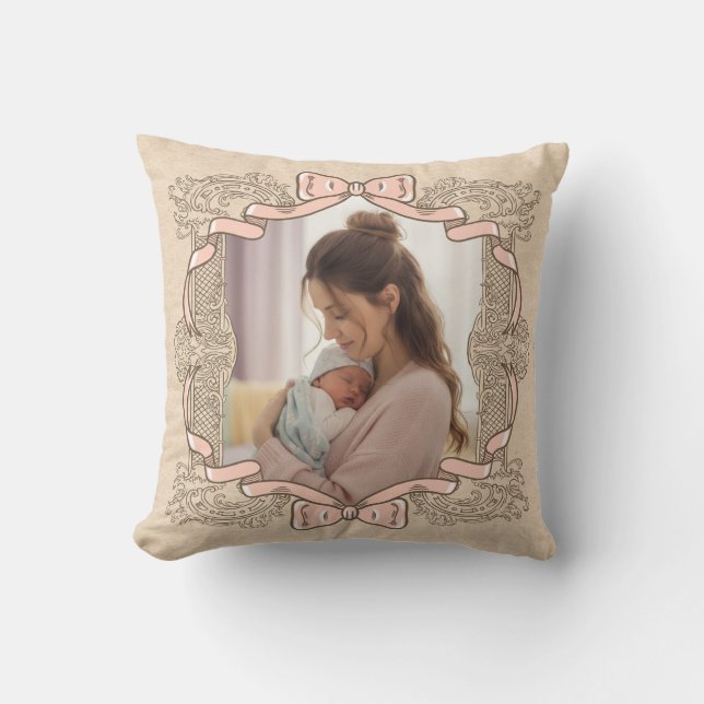Coussin Cadre photo vintage rose maman enfant (Recto)