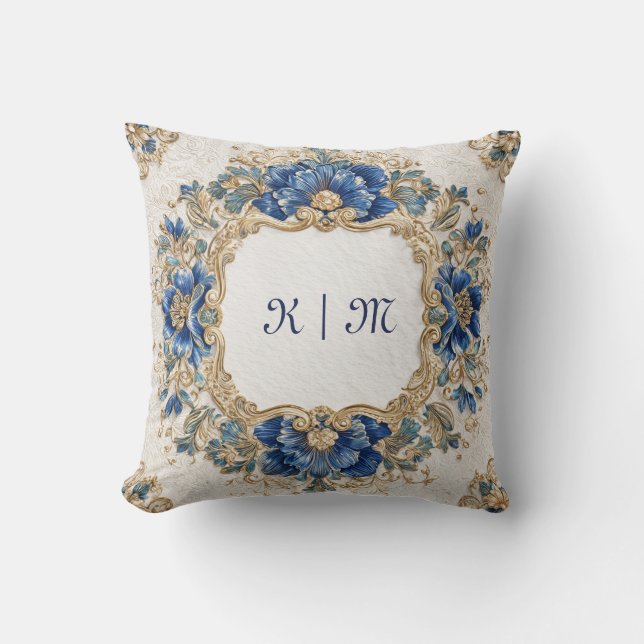 Coussin Cadre Rond Floral Baroque Or et Bleu Royal (Recto)