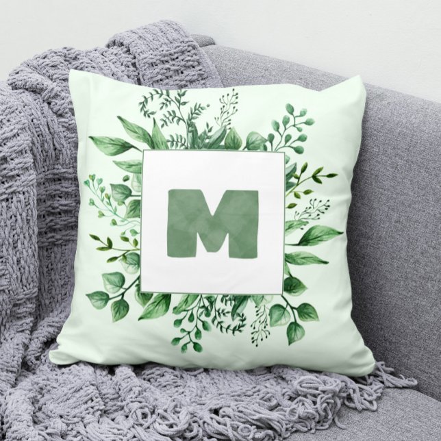 Coussin Cadre vert peint à la main + Monogramme aquarelle (Watercolor Monogram Pillow with Watercolor Greenery)
