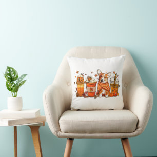 Coussin Café d'automne avec Corgi Citrouille Spice Latte A