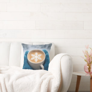 Coussin Café d'hiver avec mitaines et flocon de neige