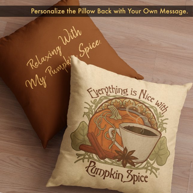 Coussin Café épice citrouille Style Vintage (Pumpkin Spice Coffee Vintage Style Throw Pillow - Customize the Back with Your own Text.)