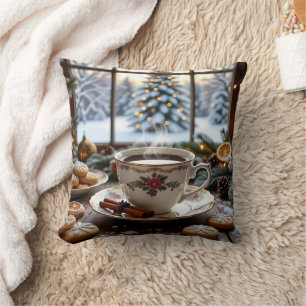 Coussin Café et biscuits de Noël Fenêtre d'hiver Scène