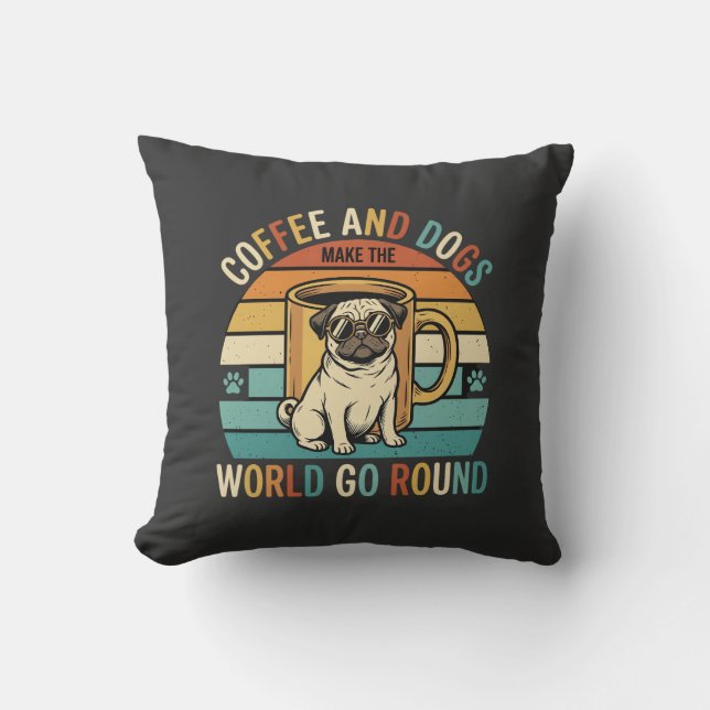 Coussin Café et chiens Pug rétro amateur (Recto)