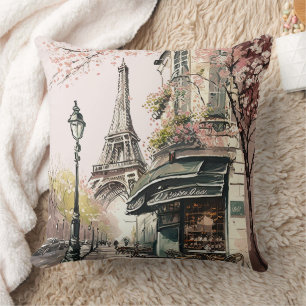 Coussin Café parisien Tour Eiffel Fleurs de cerisiers rose