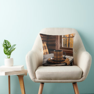 Coussin Café Plaid Cabine Art Automnal Forêt Rustique Mais