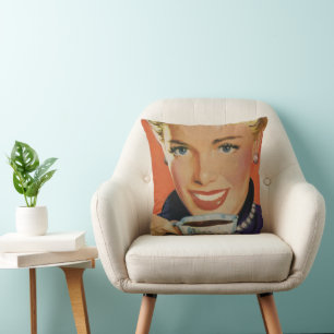Coussin Café Vintage, Femme Heureuse avec Tasse de Café Ré
