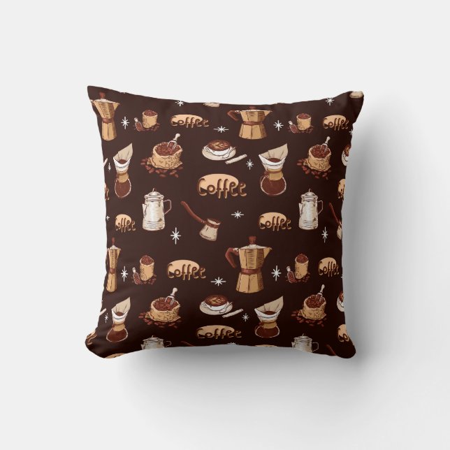 Coussin Cafetière, haricots & tasse dessinés à la main (Recto)