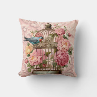 Coussin Cage à oiseaux floral aquarelle vintage romantique