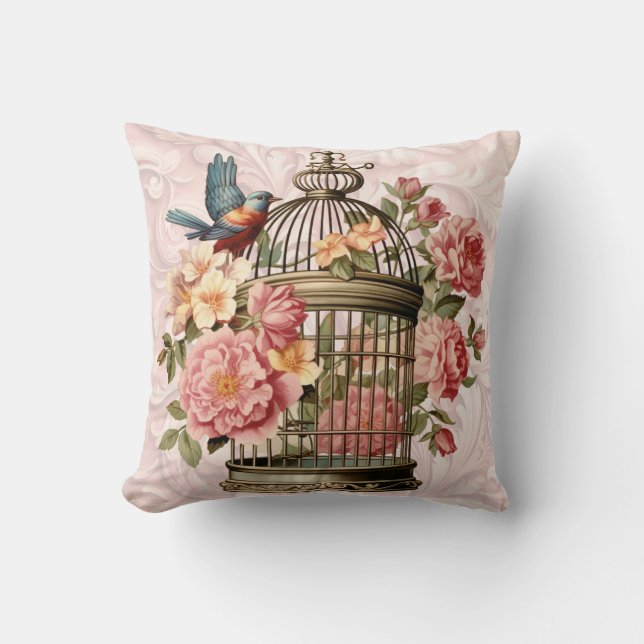Coussin Cage à oiseaux floral aquarelle vintage romantique (Recto)