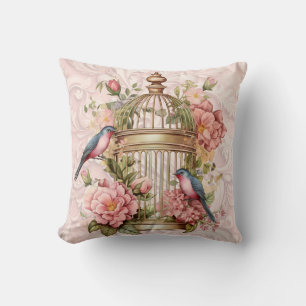 Coussin Cage à oiseaux floral aquarelle vintage romantique